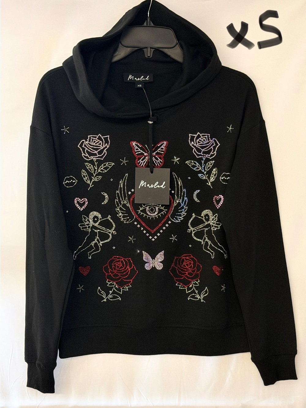 Marled Black Embellished Hoodie with Red Roses & Multicolor Rhinestone Motifs